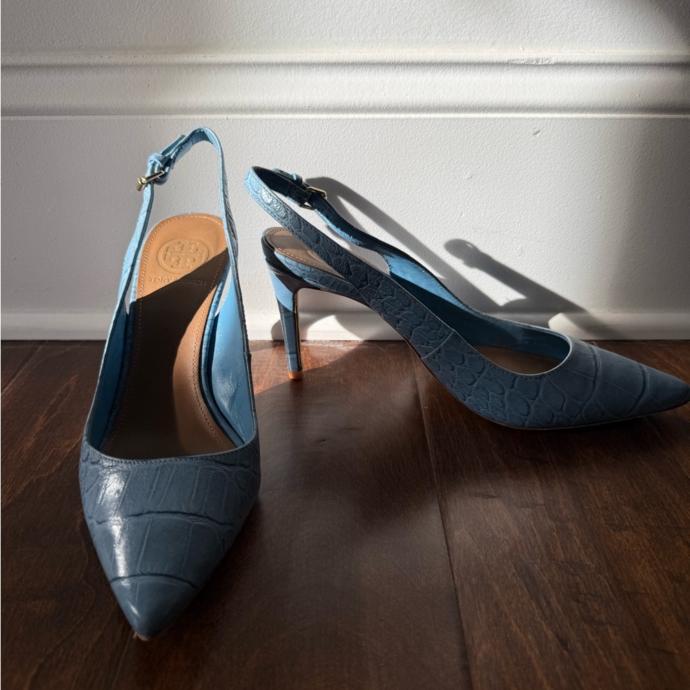 Tory Burch Textured Blue Slingback Heels